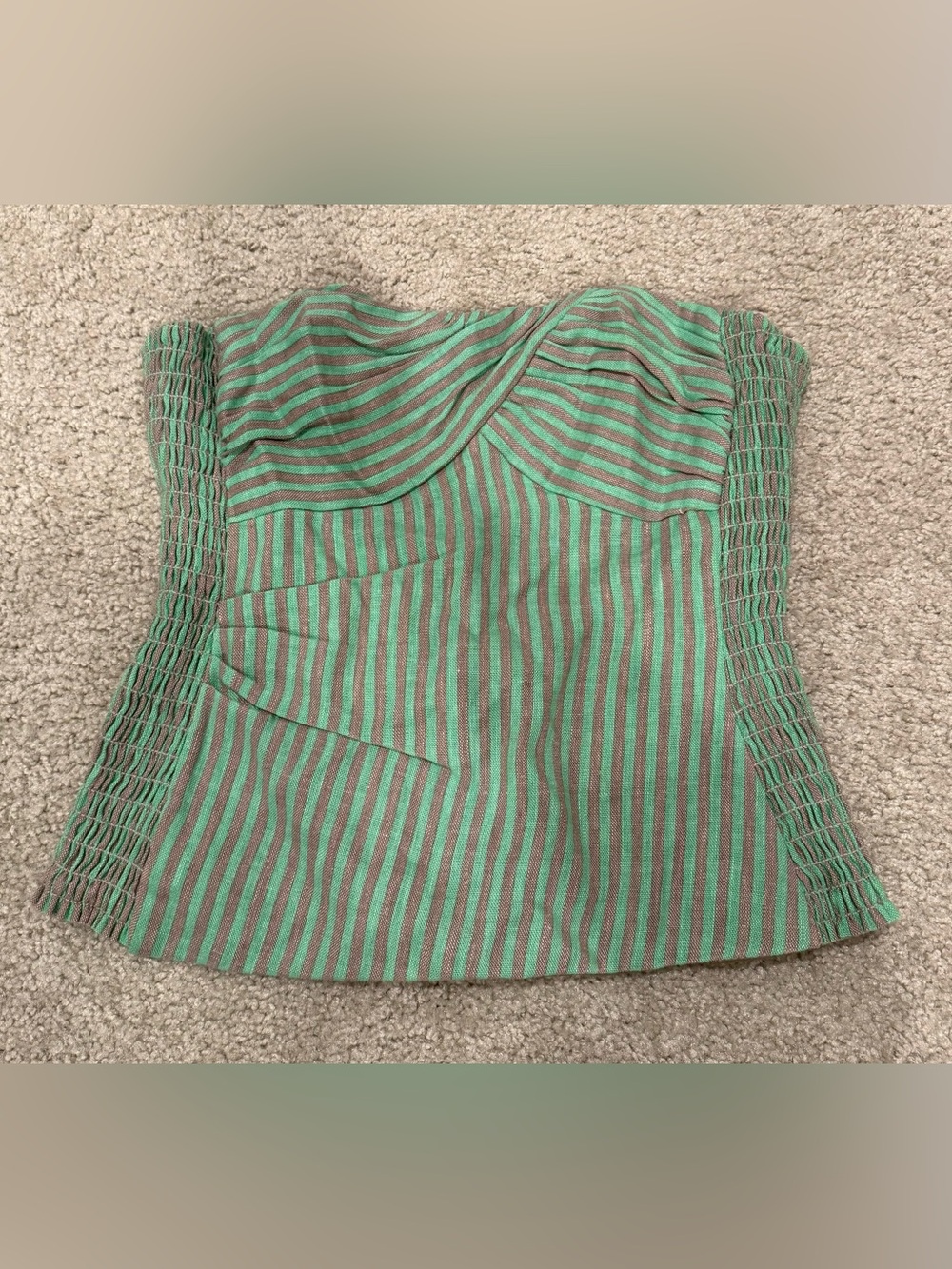 Nanette LePore Striped Green and Taupe Strapless Smocked Side Women’s Top size 8